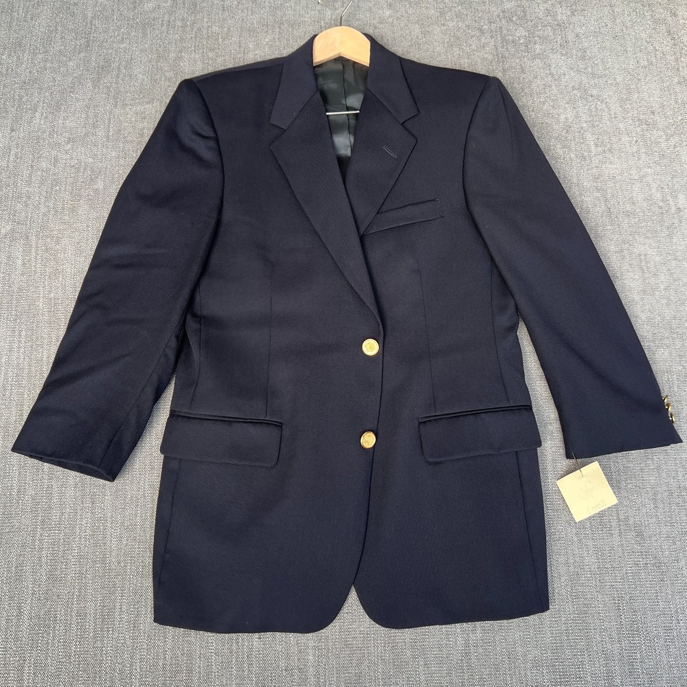 Evan-Picone Blazer Jacket Mens 40 Navy Worsted Wool Business Career Gold Button